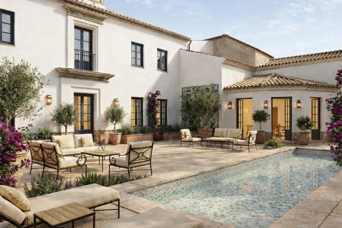 Jardín con piscina de temporada